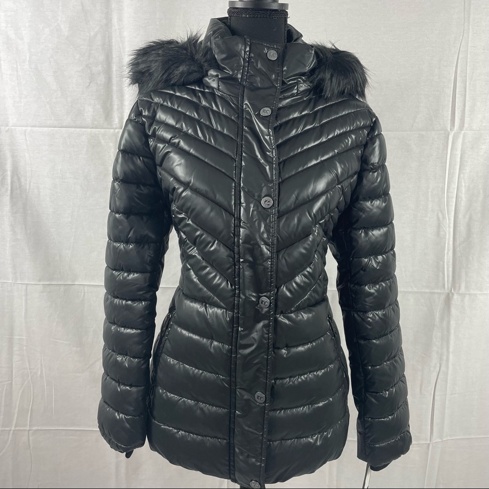 🎁 Kenneth Cole New York Women's Short Puffer Faux Fur Trimmed Hood Black Large - Picture 5 of 8